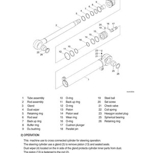 May include: An exploded diagram of a steering cylinder, labeled with numbered parts. Key components include tube assembly, rod assembly, gland, piston, and various rings and seals. The diagram is a technical illustration.