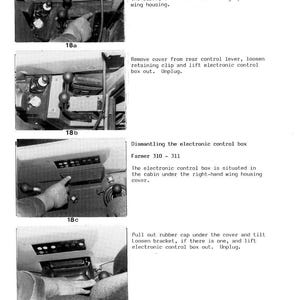 May include: Monochrome images illustrating the dismantling of an electronic control box. Text provides instructions for Favorit 611-615 and Farmer 310-311 models, including removing covers and unplugging components. The images show the interior of a vehicle.