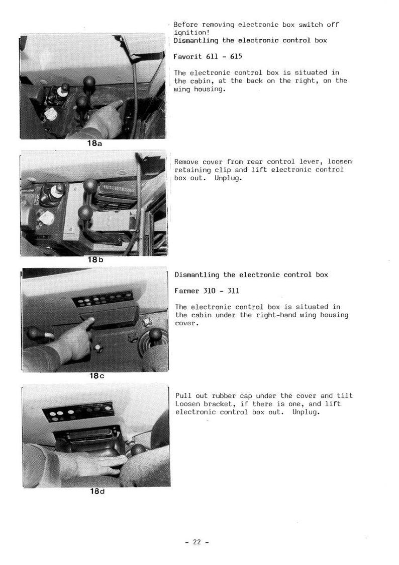 May include: Monochrome images illustrating the dismantling of an electronic control box. Text provides instructions for Favorit 611-615 and Farmer 310-311 models, including removing covers and unplugging components. The images show the interior of a vehicle.