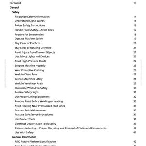 May include: A page from a manual titled "Table of Contents." The document lists safety topics such as "Recognize Safety Information" and "Avoid High-Pressure Fluids." Other sections include "General Information" and "R500 Rotary Platform Specifications."