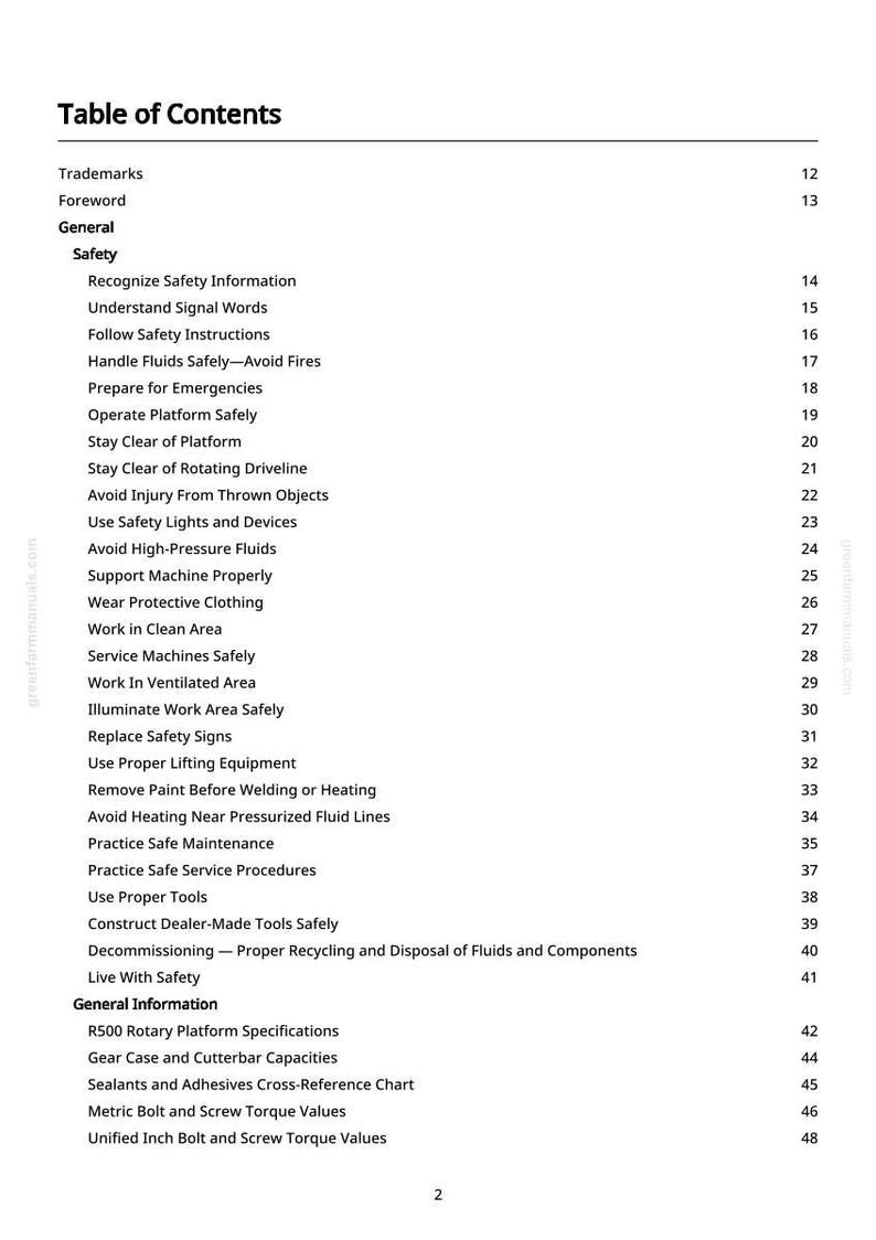 May include: A page from a manual titled "Table of Contents." The document lists safety topics such as "Recognize Safety Information" and "Avoid High-Pressure Fluids." Other sections include "General Information" and "R500 Rotary Platform Specifications."