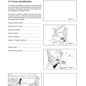 May include: A page from a tractor identification manual. The text includes "Sect.2-Tractor identification and technical specifications" and "2-1 Tractor identification". Diagrams of tractor parts are shown, with labels like "Fig.2-1" and "Fig.3-1".