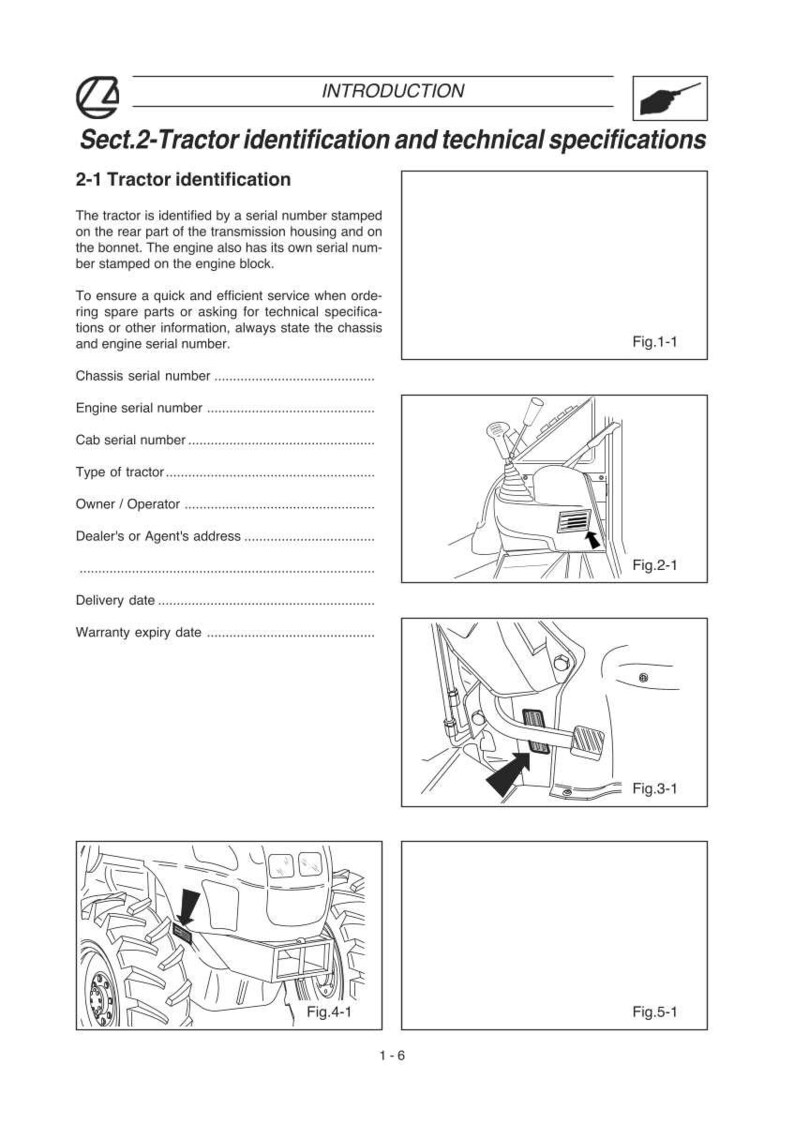 May include: A page from a tractor identification manual. The text includes "Sect.2-Tractor identification and technical specifications" and "2-1 Tractor identification". Diagrams of tractor parts are shown, with labels like "Fig.2-1" and "Fig.3-1".