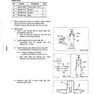 Op de afbeelding: Diagram van differentieelmontage met onderdeelnummers en instructies. Bevat illustraties van pignonas, lagers en gerelateerde componenten. Tekst bevat metingen in tonnen en details over montagestappen.