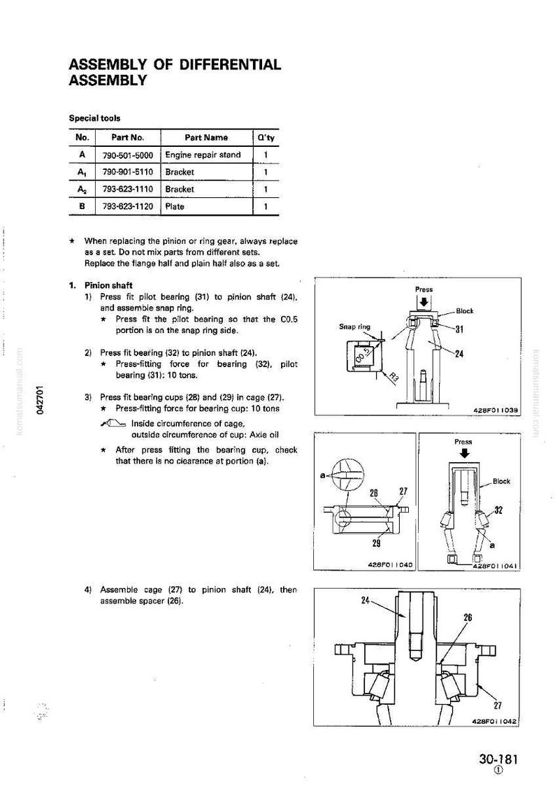Op de afbeelding: Diagram van differentieelmontage met onderdeelnummers en instructies. Bevat illustraties van pignonas, lagers en gerelateerde componenten. Tekst bevat metingen in tonnen en details over montagestappen.