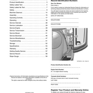 Puede incluir: Una p&aacute;gina de un manual con los t&iacute;tulos &laquo;Contenido&raquo; e &laquo;Identificaci&oacute;n del producto&raquo;. El manual incluye secciones sobre seguridad, funcionamiento y servicio. La imagen tambi&eacute;n muestra un primer plano de un componente de la m&aacute;quina.