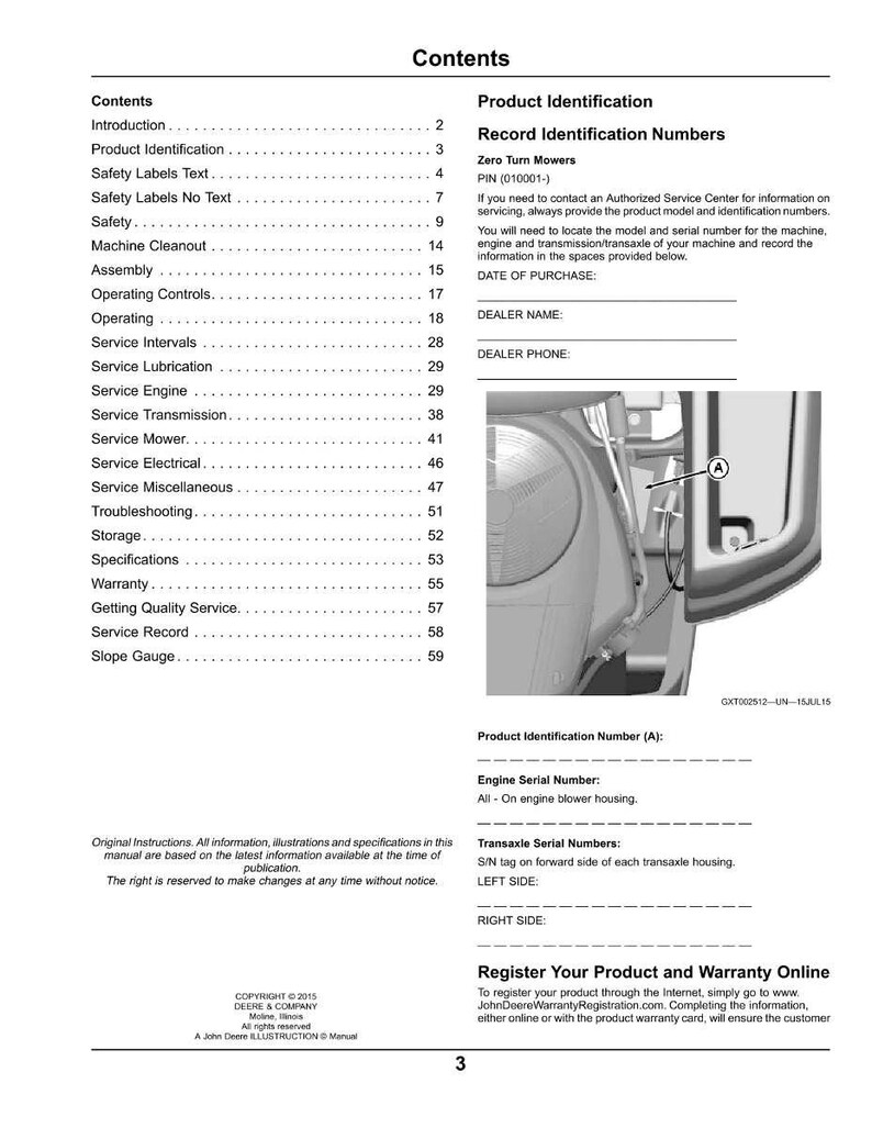 Puede incluir: Una p&aacute;gina de un manual con los t&iacute;tulos &laquo;Contenido&raquo; e &laquo;Identificaci&oacute;n del producto&raquo;. El manual incluye secciones sobre seguridad, funcionamiento y servicio. La imagen tambi&eacute;n muestra un primer plano de un componente de la m&aacute;quina.