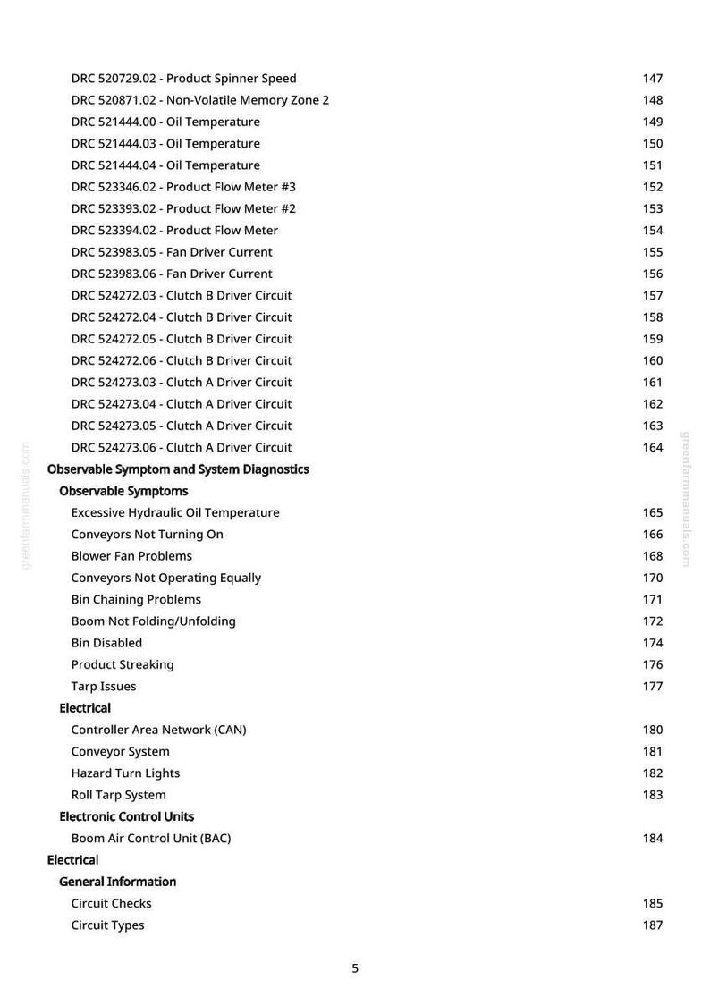May include: A white page with a detailed table of contents, listing various product specifications and diagnostic information. The document includes sections on electrical components, observable symptoms, and system diagnostics.