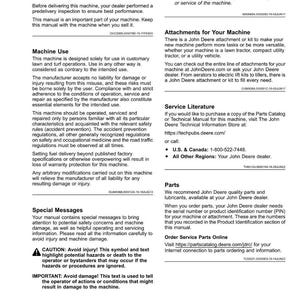 Peut inclure: Une page du manuel d'utilisation d'une machine John Deere, intitul&eacute;e &laquo; Introduction &raquo;. Le texte fournit des informations sur l'utilisation de la machine, les messages sp&eacute;ciaux et les accessoires. Comprend un symbole de mise en garde et des informations de s&eacute;curit&eacute; importantes.