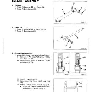 May include: Diagram illustrating the assembly of a steering cylinder, showing detailed views of the cylinder, piston rod, and cylinder head. Includes labels and part numbers for components like bushings, seals, and rings. Text provides assembly instructions.