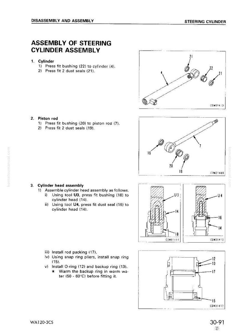 May include: Diagram illustrating the assembly of a steering cylinder, showing detailed views of the cylinder, piston rod, and cylinder head. Includes labels and part numbers for components like bushings, seals, and rings. Text provides assembly instructions.