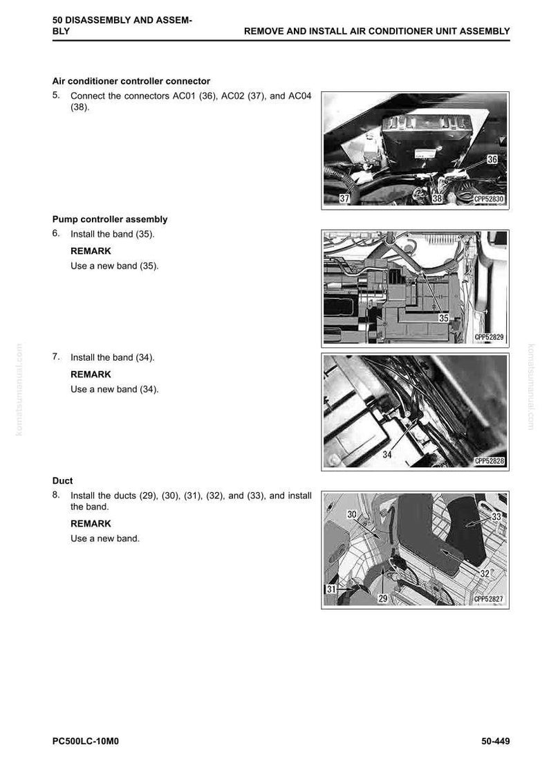 May include: Diagram from a manual detailing the disassembly and assembly of an air conditioner unit. Includes instructions for connecting connectors, installing bands, and installing ducts. The image contains the text "REMOVE AND INSTALL AIR CONDITIONER UNIT ASSEMBLY".