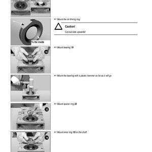 May include: A technical diagram with step-by-step instructions for assembling axles. The images show various components, including a shaft, rings, and bearings, with labels and arrows indicating assembly steps. Text includes "Caution! Cut-out side upwards!"