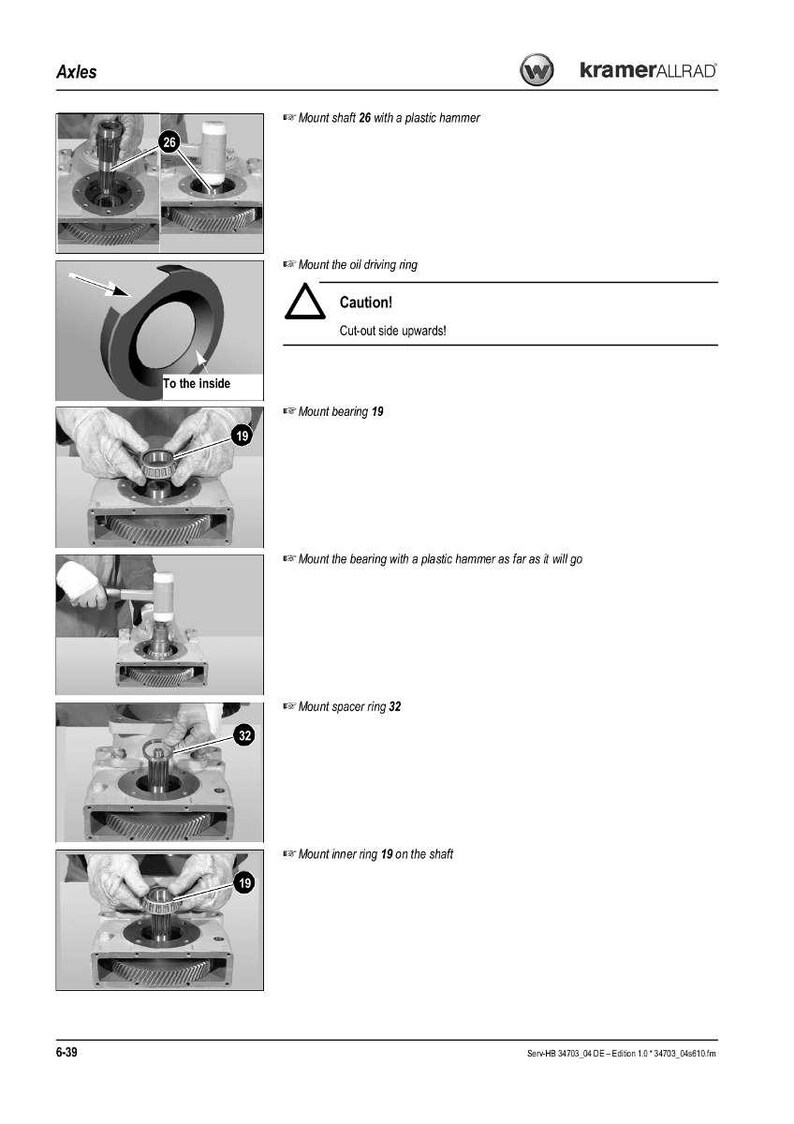 May include: A technical diagram with step-by-step instructions for assembling axles. The images show various components, including a shaft, rings, and bearings, with labels and arrows indicating assembly steps. Text includes "Caution! Cut-out side upwards!"