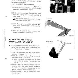 May include: Technical diagram from a manual detailing procedures for measuring leakage inside a hydraulic cylinder and bleeding air. Includes illustrations of cylinder components and instructions.