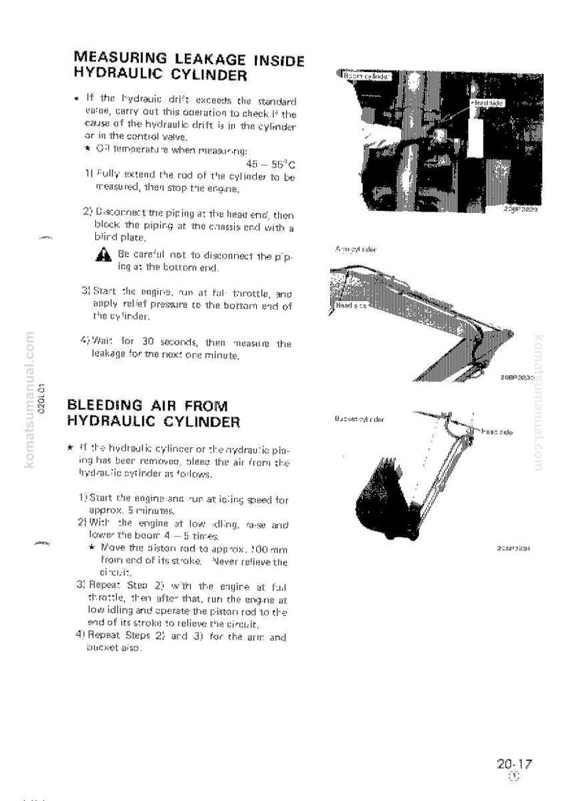 May include: Technical diagram from a manual detailing procedures for measuring leakage inside a hydraulic cylinder and bleeding air. Includes illustrations of cylinder components and instructions.