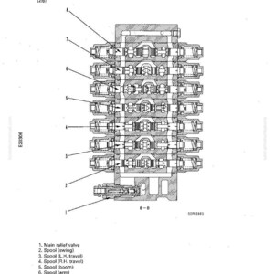 May include: Diagram of a control valve, labeled with numbers and descriptions. The diagram shows the structure and function of the valve, including the main relief valve, spools for swing, travel, boom, arm, bucket, and service.