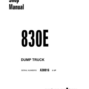 Pu&ograve; includere: Una copertina bianca del manuale d'officina con la scritta "Shop Manual" in nero. Il numero "830E" &egrave; ben visibile, con "DUMP TRUCK" sotto. Sono elencati i numeri di serie A30816 e successivi. Il logo Komatsu &egrave; in basso.