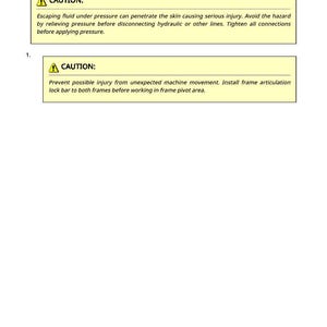 May include: A page from a manual titled "Service Brake Bleeding Procedure." The page includes two "CAUTION" warnings in yellow boxes with black text. The first warns about escaping fluid under pressure. The second warns about unexpected machine movement.