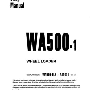 May include: A white Shop Manual cover with the text "WA500-1 WHEEL LOADER" in bold black letters. The cover also includes the serial numbers WA500-1LE - A61001 and up. The document is dated January 1997 and copyrighted by Komatsu America International Company.
