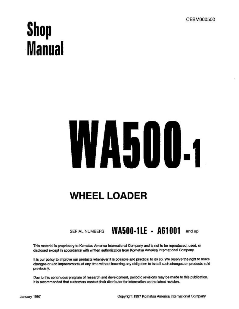 May include: A white Shop Manual cover with the text "WA500-1 WHEEL LOADER" in bold black letters. The cover also includes the serial numbers WA500-1LE - A61001 and up. The document is dated January 1997 and copyrighted by Komatsu America International Company.