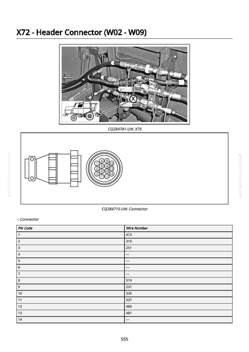 May include: Diagram of an X72 header connector, with detailed illustrations and a table listing pin codes and wire numbers. Includes a close-up of the connector and related components. The image also includes the text "CQ284781-UN: X75" and "CQ284715-UN: Connector".
