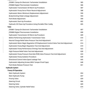 May include: A manual page detailing procedures and tests for a hydraulic system. The text covers topics such as "Hydrostatic Transmission," "Park Brake," and "Valve Tests," with associated page numbers.
