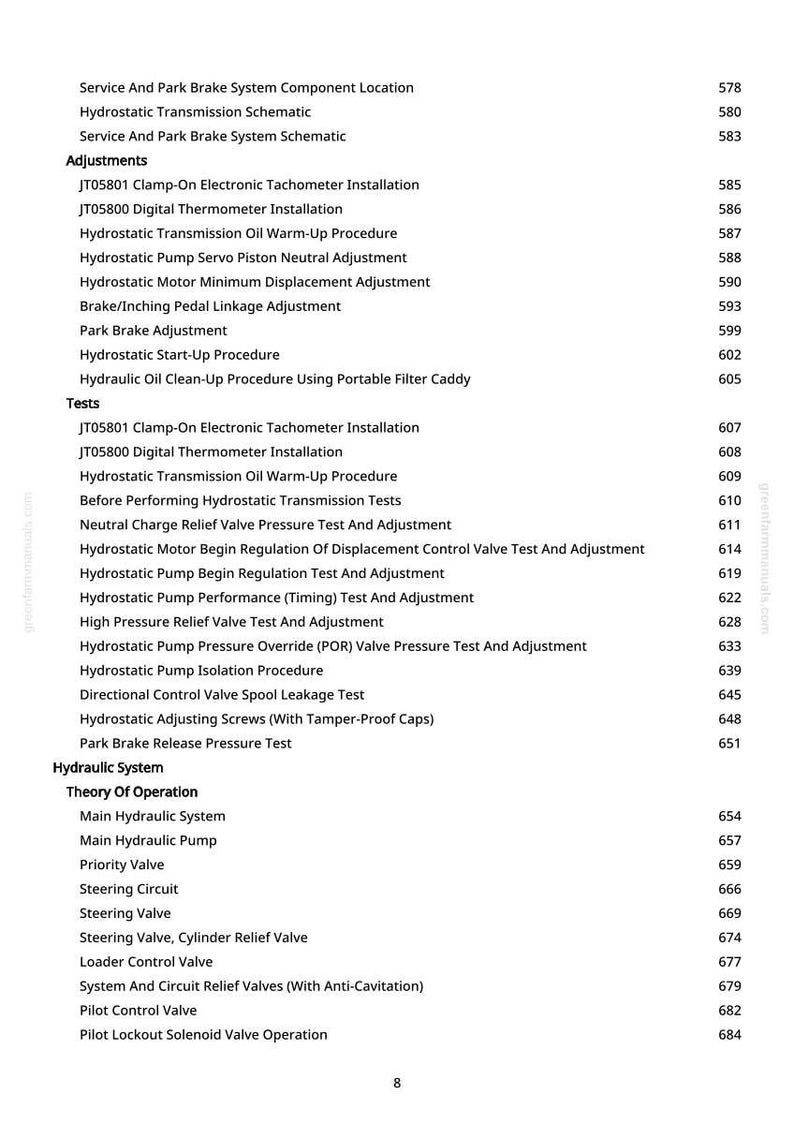 May include: A manual page detailing procedures and tests for a hydraulic system. The text covers topics such as "Hydrostatic Transmission," "Park Brake," and "Valve Tests," with associated page numbers.
