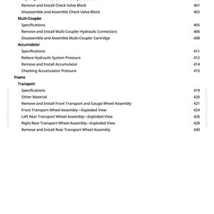 Peut inclure: Une page de manuel technique avec une liste de proc&eacute;dures et leurs num&eacute;ros de page. Le texte comprend des termes tels que "Bloc de contr&ocirc;le de pompe" et "Valve". Le fond est blanc avec du texte noir.