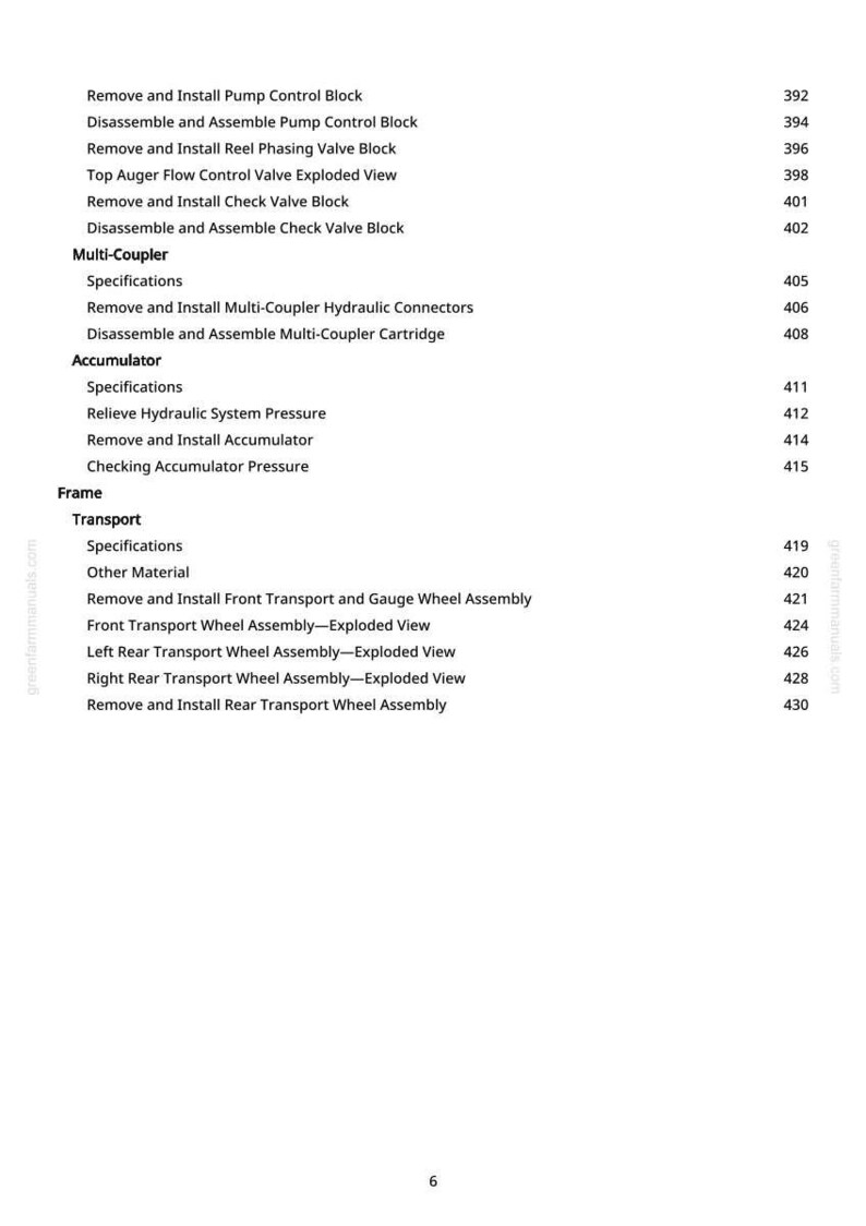 Peut inclure: Une page de manuel technique avec une liste de proc&eacute;dures et leurs num&eacute;ros de page. Le texte comprend des termes tels que "Bloc de contr&ocirc;le de pompe" et "Valve". Le fond est blanc avec du texte noir.