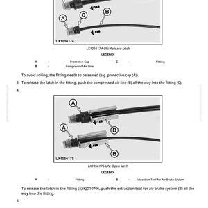 May include: Diagram of air brake system components, including protective caps, compressed-air lines, and fittings. The image shows how to release and open the latch on the system. Text labels identify each part.