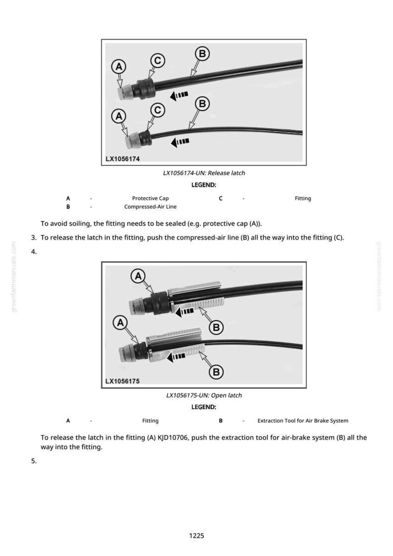 May include: Diagram of air brake system components, including protective caps, compressed-air lines, and fittings. The image shows how to release and open the latch on the system. Text labels identify each part.