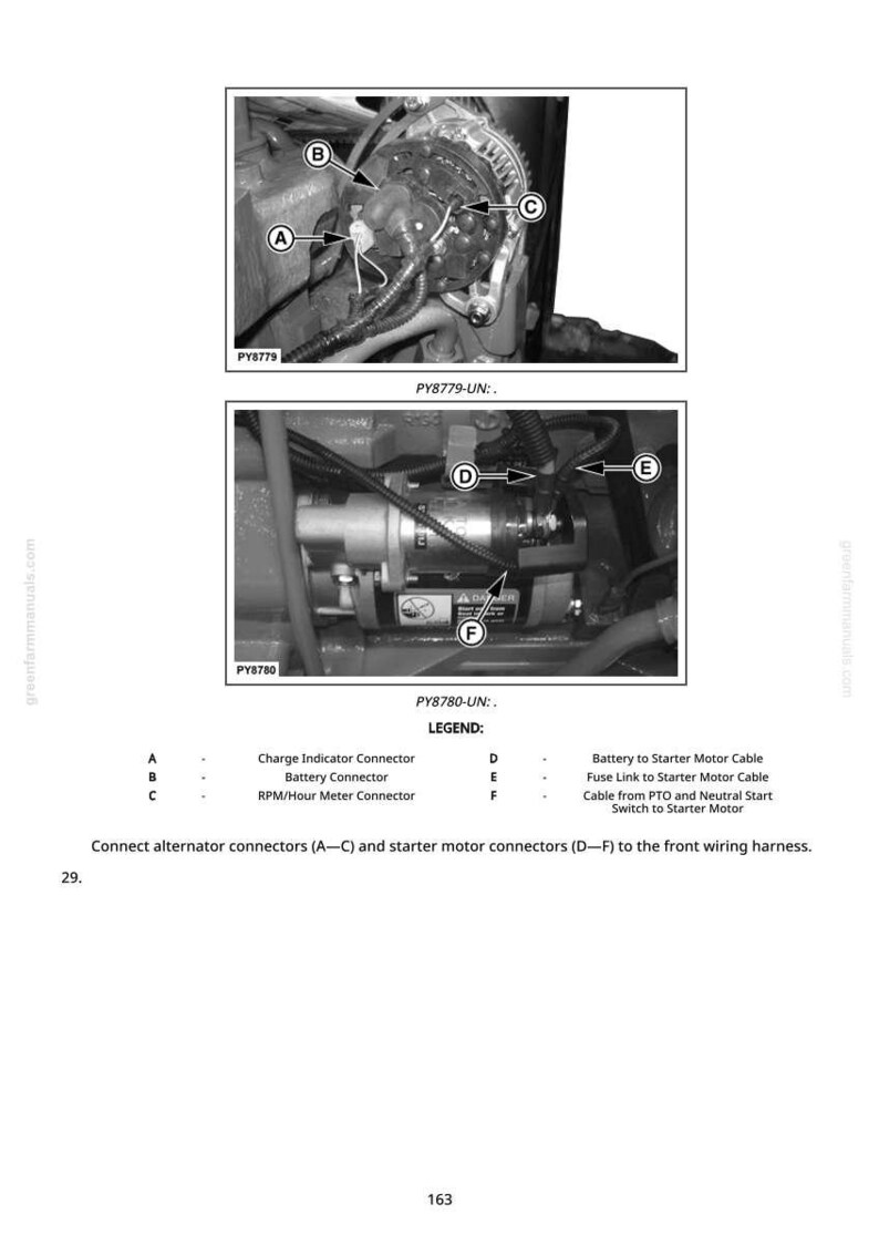 Puede incluir: Diagrama de un componente del motor con las etiquetas A, B, C, D, E y F. La imagen incluye el texto "PY8779-UN:" y "PY8780-UN:" y una leyenda que describe cada componente etiquetado. El texto tambi&eacute;n incluye instrucciones para conectar los componentes.