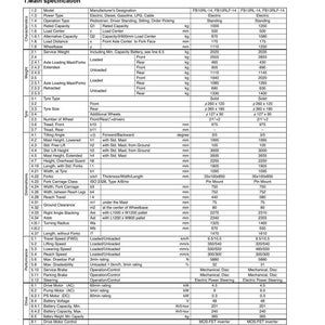 May include: Detailed specification sheet for FB10RL-14 and FB13RL-14 electric standing forklifts. Includes dimensions, performance metrics, and drive specifications. Features measurements in millimeters, including mast height and fork dimensions.