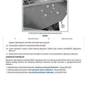 May include: Diagram of a machine component with multiple cap screws. The image includes labels and arrows pointing to specific parts, with text indicating the right joystick mounting cap screws and related instructions.