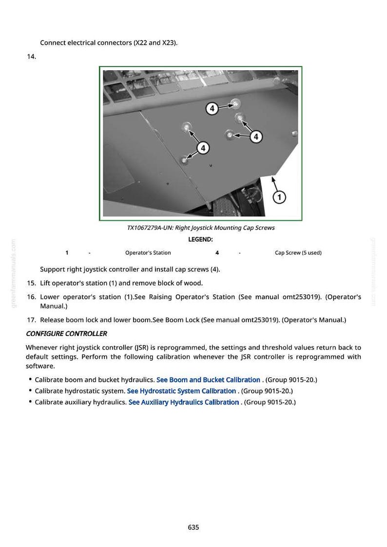 May include: Diagram of a machine component with multiple cap screws. The image includes labels and arrows pointing to specific parts, with text indicating the right joystick mounting cap screws and related instructions.