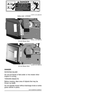 Pode incluir: Uma p&aacute;gina de etiquetas de seguran&ccedil;a para um cortador de relva. As etiquetas incluem um aviso sobre l&acirc;minas rotativas e objetos lan&ccedil;ados. A imagem tamb&eacute;m mostra diagramas do deck do cortador, incluindo modelos de 137 cm e 152 cm.