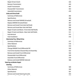 May include: A page from a greenfarmmanuals.com manual, listing automotive repair procedures. Sections include Clean Drive Clutch, Axles and Drive Shaft, Mechanical Four Wheel Drive, and Steering and Brake Repair. Page numbers are listed on the right.