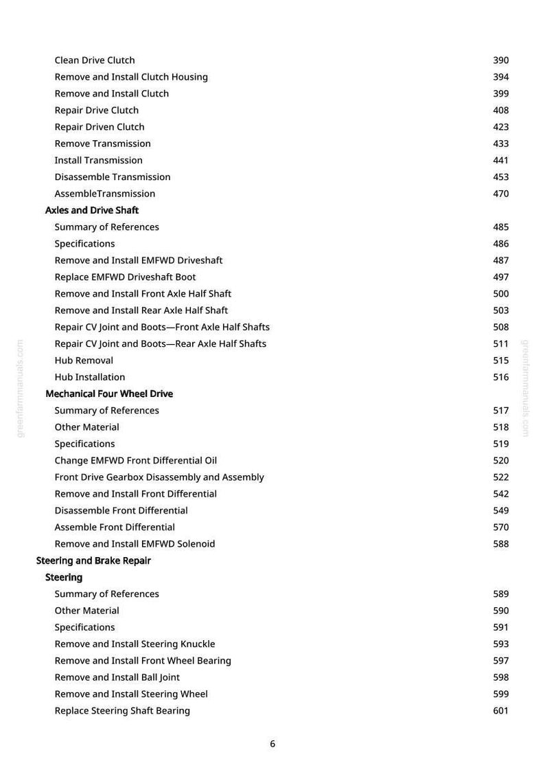 May include: A page from a greenfarmmanuals.com manual, listing automotive repair procedures. Sections include Clean Drive Clutch, Axles and Drive Shaft, Mechanical Four Wheel Drive, and Steering and Brake Repair. Page numbers are listed on the right.