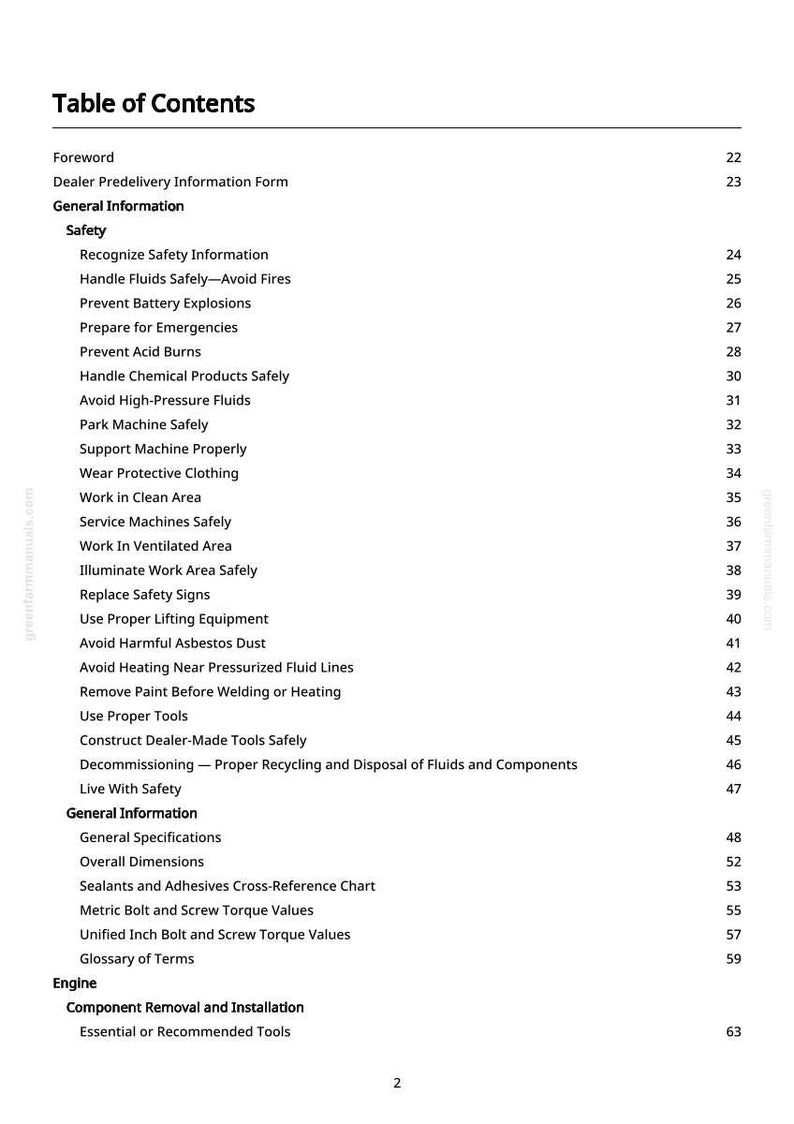 May include: A page from a manual titled "Table of Contents." The document lists safety topics such as handling fluids, preventing explosions, and avoiding asbestos. Other sections include general information, engine, and component removal.
