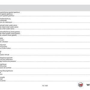 May include: A page from a manual with a table of contents in German, English, and French. The table lists various engine components, including gaskets, valves, and pumps. The Weidemann logo is at the bottom.