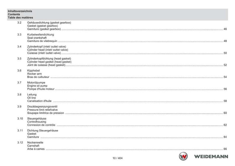 May include: A page from a manual with a table of contents in German, English, and French. The table lists various engine components, including gaskets, valves, and pumps. The Weidemann logo is at the bottom.