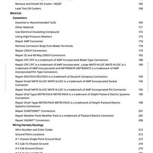 May include: A detailed table of contents from a manual, listing various automotive repair topics. Sections include oil coolers, electrical connectors, and wiring harness routings, with page numbers for each topic.