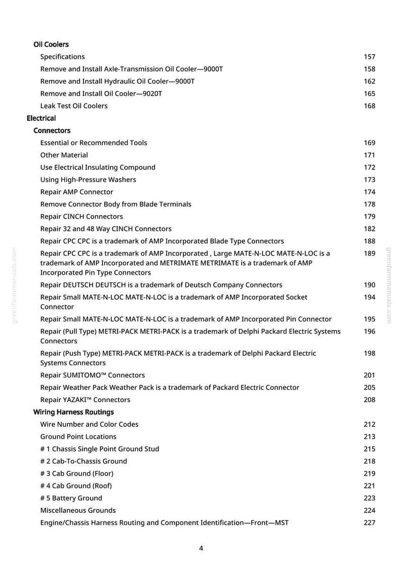 May include: A detailed table of contents from a manual, listing various automotive repair topics. Sections include oil coolers, electrical connectors, and wiring harness routings, with page numbers for each topic.