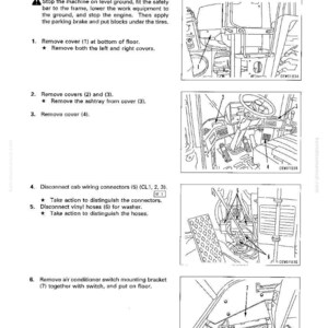 May include: Diagram of cab assembly removal instructions. Step-by-step guide with illustrations for removing covers, connectors, and brackets. Includes measurements and part numbers for reference.