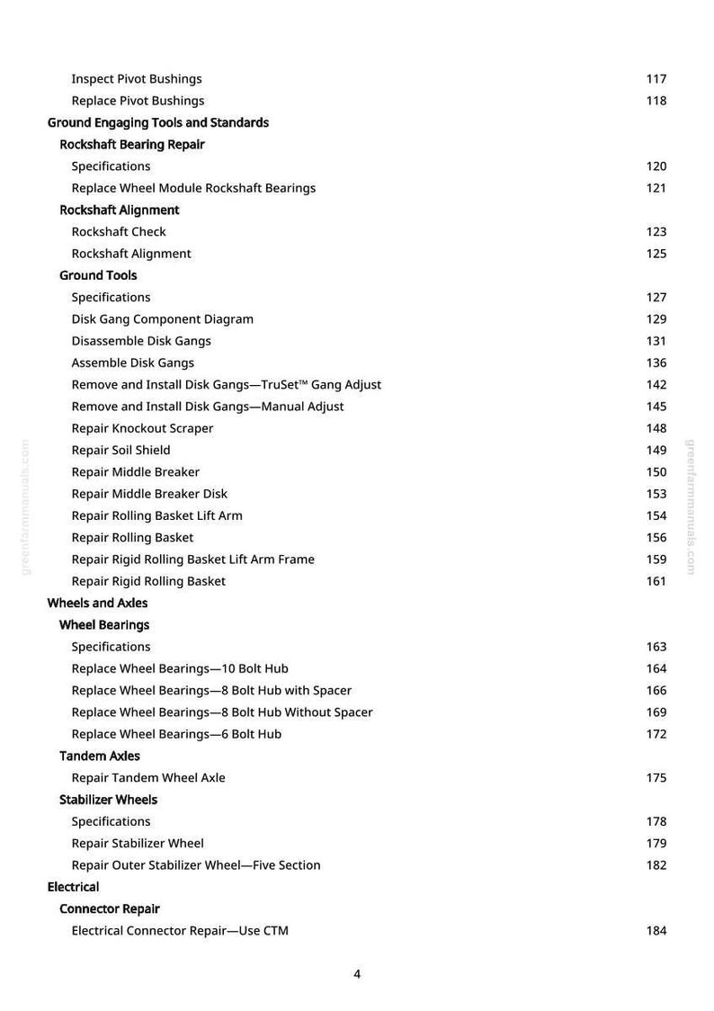 May include: A page from a manual with a table of contents. The text includes headings like "Rockshaft Bearing Repair," "Ground Tools," and "Wheel Bearings." Page numbers are listed on the right side.