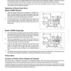 May include: Diagram illustrating the workings of a work equipment system, focusing on quick drop and piston valves. Features labelled diagrams of hydraulic components, ports, and valves, with text explaining the operation of the blade lift cylinder.