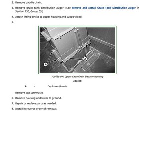 May include: Diagram of the upper clean grain elevator housing, with arrows pointing to cap screws. The image is part of an instructional guide for removing and installing the housing.