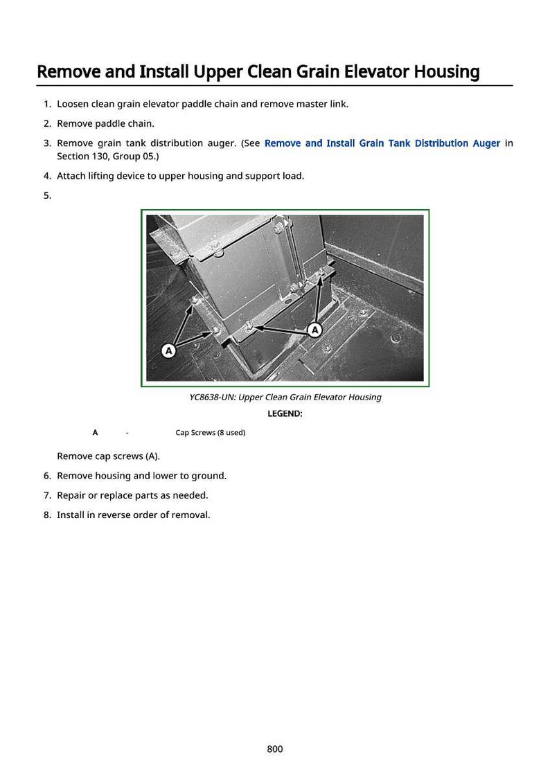 May include: Diagram of the upper clean grain elevator housing, with arrows pointing to cap screws. The image is part of an instructional guide for removing and installing the housing.