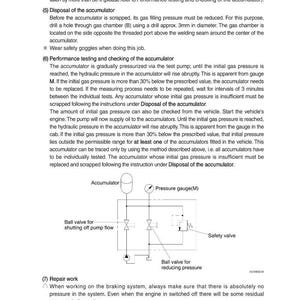 May include: Technical diagram of an accumulator system, showing components such as the accumulator, pressure gauge, and safety valve. Includes text detailing maintenance, disposal, and performance testing.